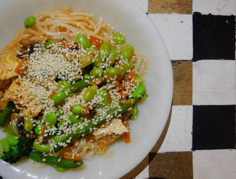 Stir Fry with Liquid Kimchi Dressing and Nona Lim Laska Rice Noodles