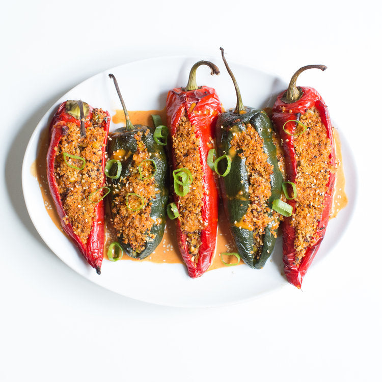 Garlic Gochujang Quinoa Stuffed Peppers