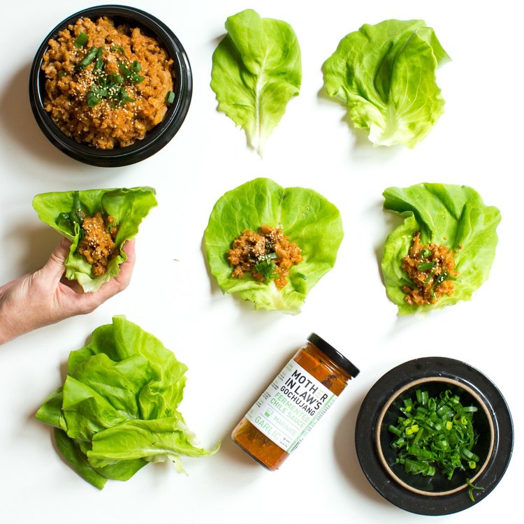 Garlic Gochujang Lettuce Wrappers with Seitan and Toasted Quinoa